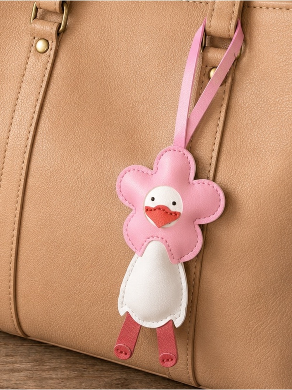 Pink Flower Duck Faux Leather Purse Charm Keychain New